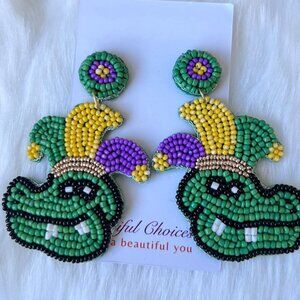Handmade Gator Beaded Earrings New Orleans Carnival NOLA Style